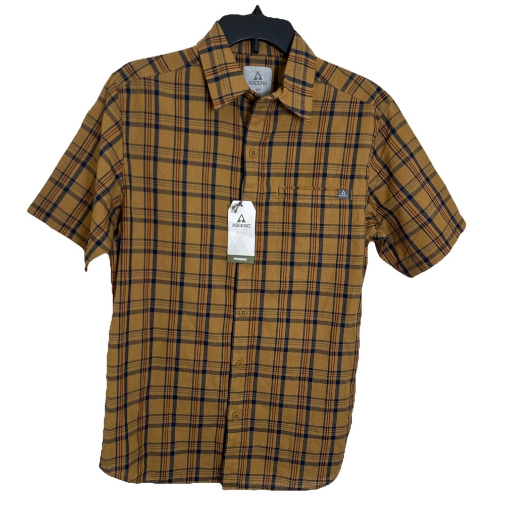 Ascend Fireside Button Down Short Sleeve Shirt Bistre Brown Plaid Small NEW NWT
